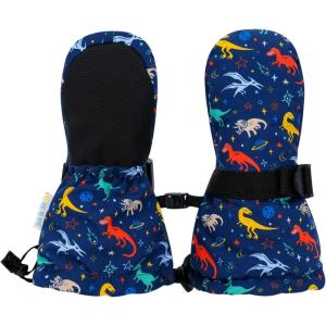 JAN & JUL Boys’ Stay-On Snow Mittens Waterproof Insulated(No Thumb: Space Dinos (Rated: -15 ℃))