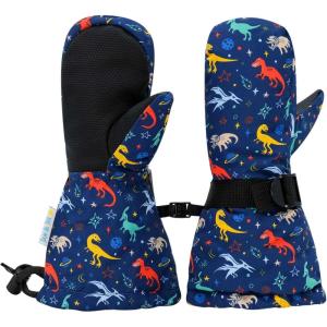 JAN & JUL Boys’ Stay-On Snow Mittens Waterproof Insulated(With Thumb: Space Dinos (Rated: -15 ℃))