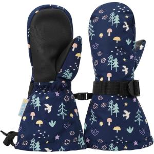 JAN & JUL Girls’ Insulated Waterproof Snow Mittens for Toddler and Kids(With Thumb: Navy Forest (Rated: -15 ℃))