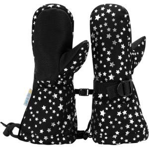 JAN & JUL Mittens for Baby Toddler Kids, Waterproof Insulated Winter Gloves for Girls(With Thumb: Black Star (Rated: -15 ℃))