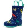 Baby Toddler Kids Natural Rubber Rain Boots Easy-on with Soft Cotton Lining for Girls Boys(Space Dinos With Handles)