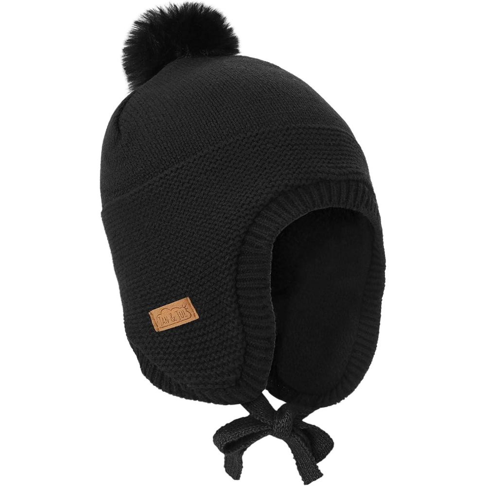 imageJAN ampamp JUL Knit PomPom Winter Hat Fleece Lined Baby Beanie for Boys and GirlsJet Black