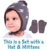 JAN & JUL Knit Ear Flap Winter Beanie for Baby and Toddler(Hat & Thumbless Mitten Set: Grey Lightning Bolt)