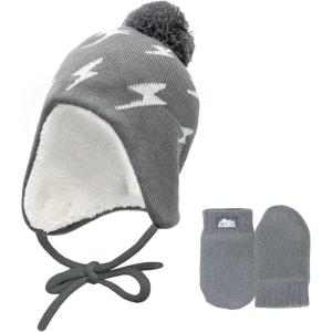 JAN & JUL Knit Ear Flap Winter Beanie for Baby and Toddler(Hat & Thumbless Mitten Set: Grey Lightning Bolt)