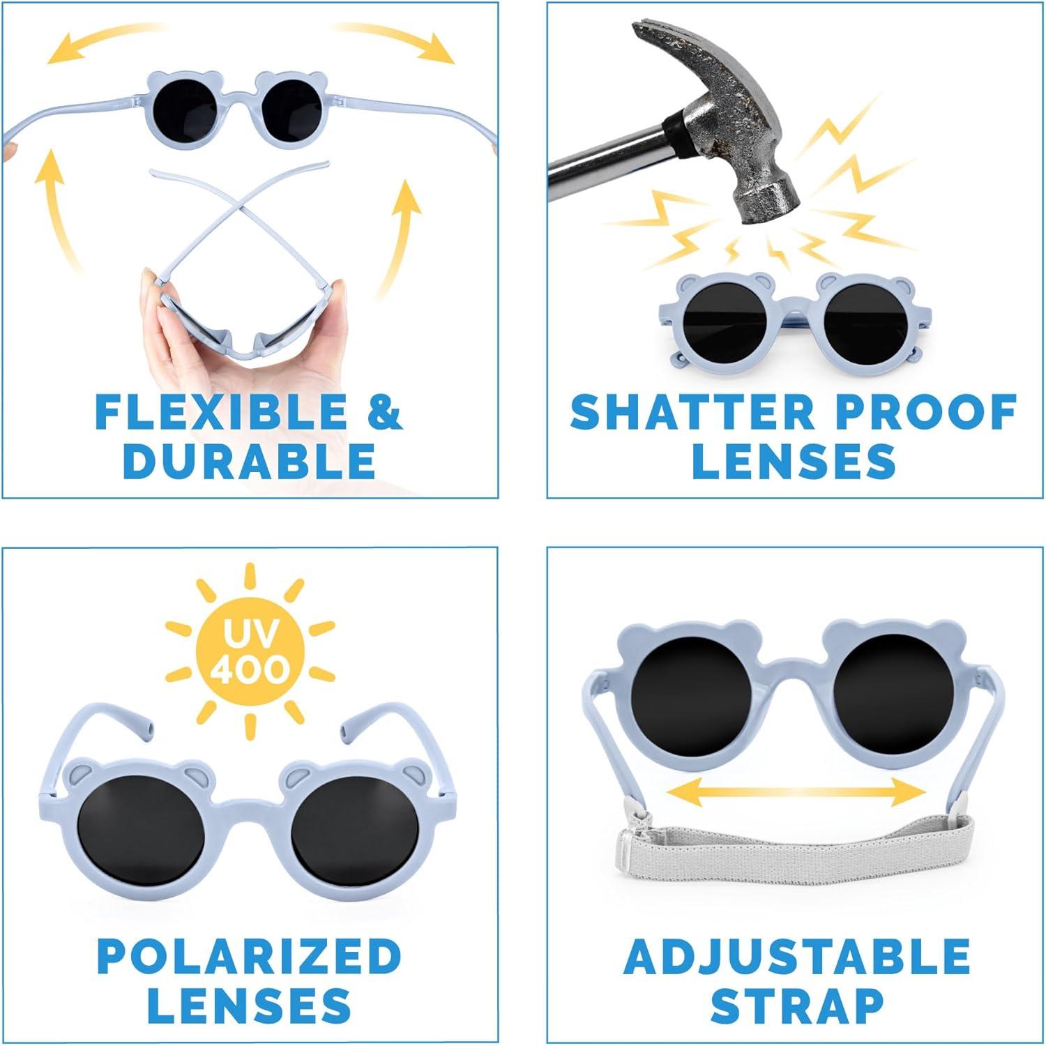 image:imageJAN amp JUL Baby Toddler Kids Flexible UV400 Polarized Sunglasses with Strap for Girls BoysLight Blue Bear