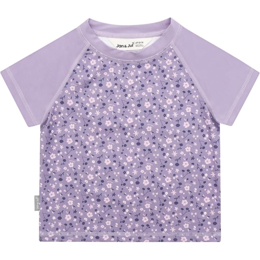 image:imageJAN amp JUL Quick Dry Short Sleeve Rash Guard UPF 50 Beach Swim Shirt for Toddlers and KidsShort Sleeve Purple Blossoms